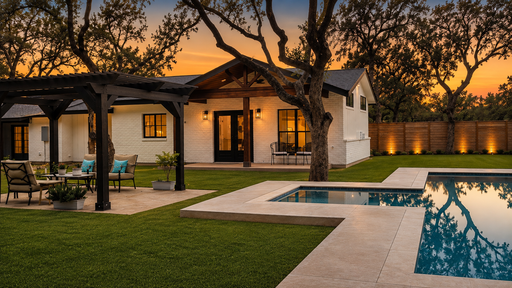 Backyard at sunset with pool, pergola and white brick exterior