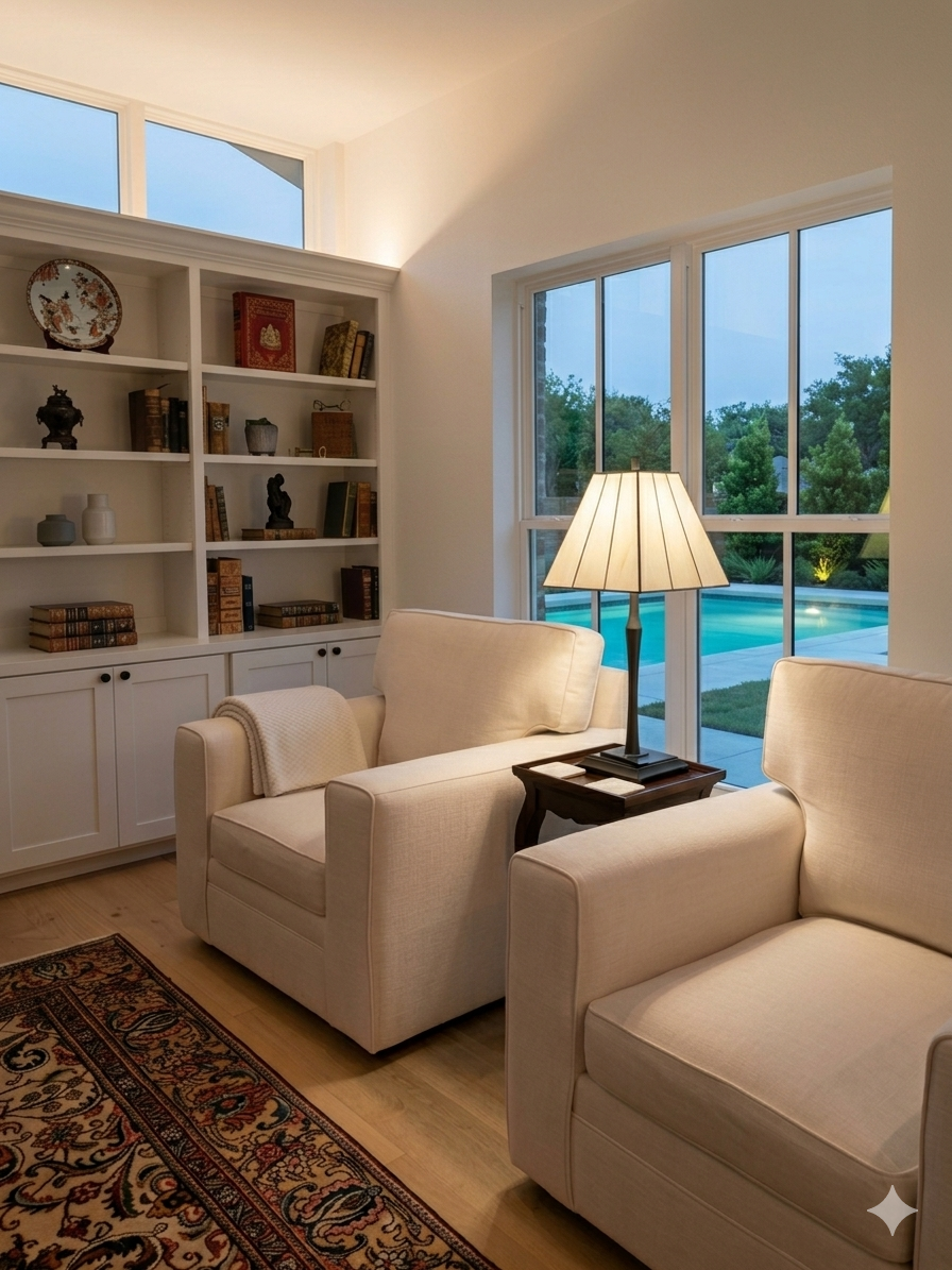 Sitting room with built-in bookshelves, linen armchairs and pool view at dusk
