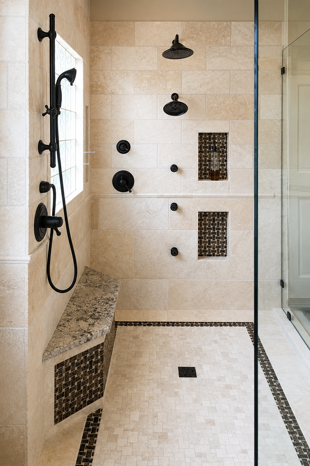 Luxury wet room with travertine tile, mosaic accents, granite bench and matte black fixtures in Sonterra San Antonio